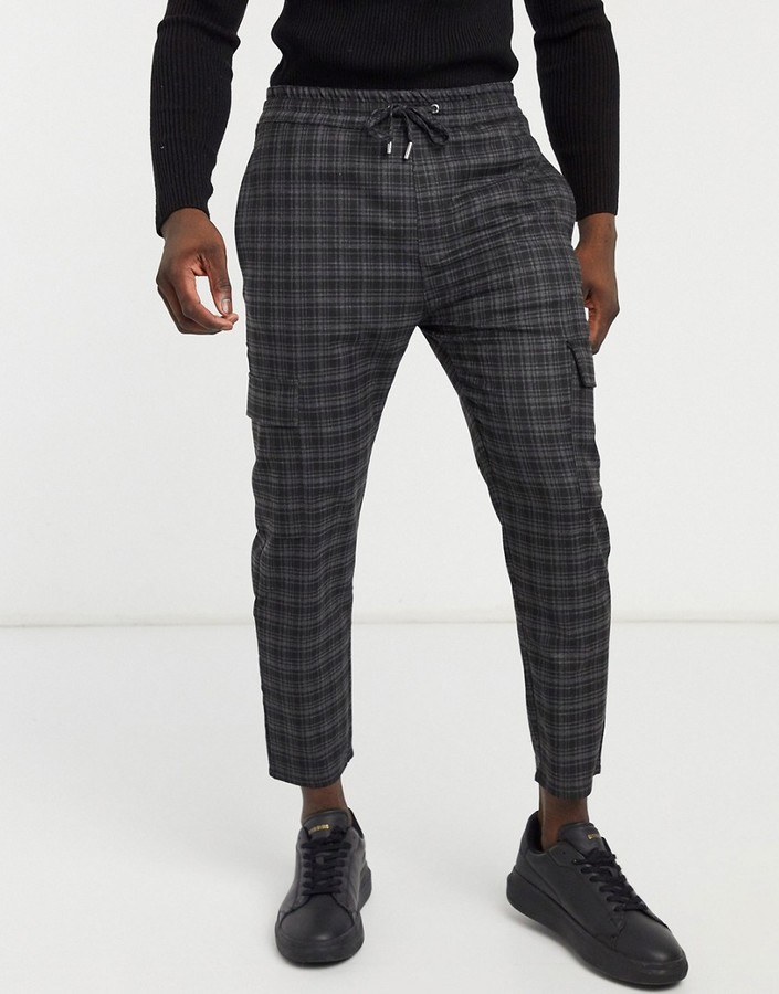 Bershka checked cargo pants in gray ShopStyle