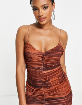 ASOS DESIGN cami strappy midi dress with ruched detail in rust tie