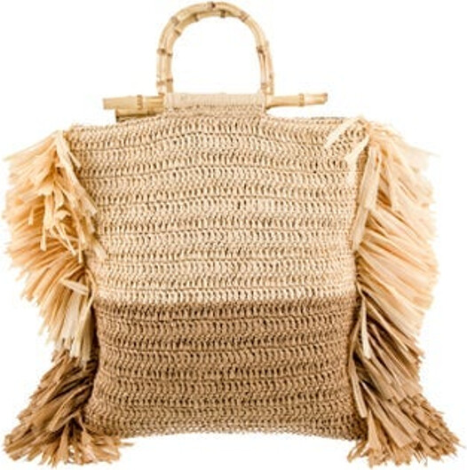 Caterina Bertini Top Handle Bag Neutrals Raffia Gold-Tone Hardware Bamboo Handles Fringe Trim Accent Poplin Lining & Single Interior Pocket Snap Closure at Top