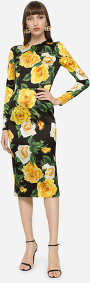 Dolce & Gabbana Satin Calf-Length Dress With Yellow Rose Print