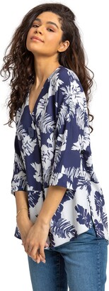 Roman Originals Women Contrast Palm Leaf Print Tunic Top - Ladies Spring Everyday Summer Evening Vacation Work Holiday 3/4 Sleeve Smart Casual - Navy - Size 10