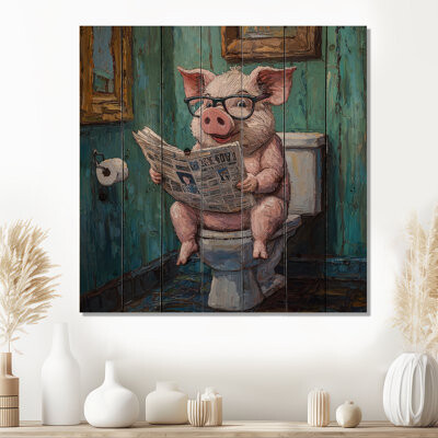 Ophelia & Co. Toilet Pig Reading The Newspaper II - Pig Animal Wood Wall Decor - On Natural Pine Wood