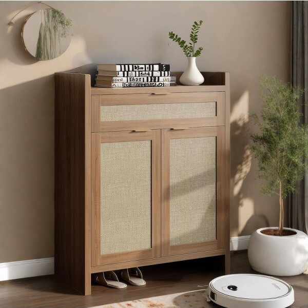 TROPOW TARGETFarmhouseRattanShoeCabinetwithStorage32.4BohoStyleShoeOrganizerStorageCabinetwithShelves&Doors5-TiersWoodenShoeRack