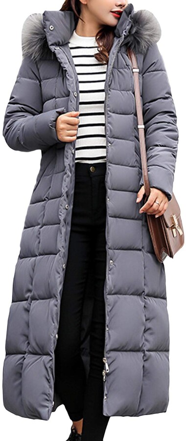 grey padded coat with fur hood