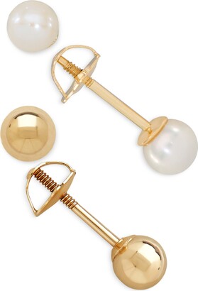 Macy's Children's 2-Pc Set Cultured Freshwater Pearl (3-3/4mm) and Gold Ball Earring Set in 14k Gold