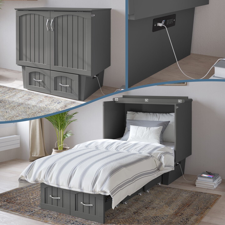 AFI Sydney Twin Murphy Bed Chest with Mattress, Storage & Built-in Charging, Grey
