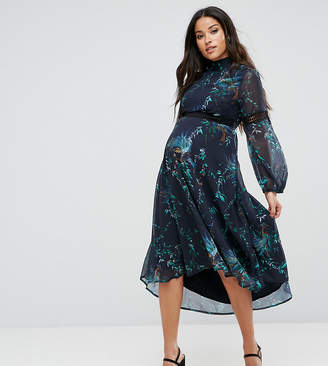 Hope & Ivy Maternity Printed Midi Dress With Lace Inserts