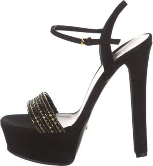 Gucci Suede Slingback Sandals Black Leather Trim Beaded & Crystal Accents Platform Straps & Buckle Closure at Ankles Includes Box & Dust Bag
