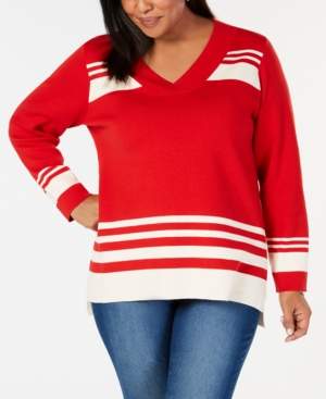 Charter Club Plus Size Striped V-Neck Sweater, Created for Macy's