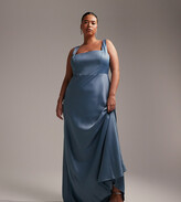 Thumbnail for your product : ASOS Curve ASOS DESIGN Bridesmaid Curve satin square neck maxi dress in dusky blue