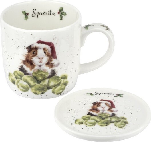 Royal Worcester RoyalWorcesterWrendaleDesignsSprouts11OzMug&CoasterSet,FineBoneChinaCoffeeMugwithAdorableGuineaPiginSantaHat,DishwasherSafe