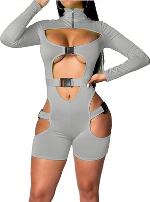 RICHBA Women's Sexy Bodycon Buckle High Neck Jumpsuit Long Sleeves Sexy  Hollowing Out Romper Streetwear (White Gray - ShopStyle
