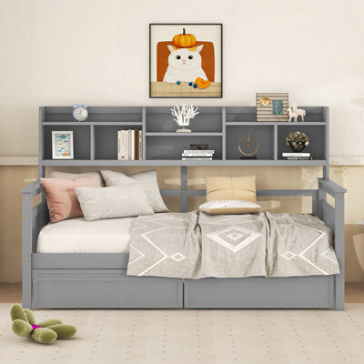 Elegant Daybed with Wood Slat Support Bedside Shelves and Two Drawers for Modern Living