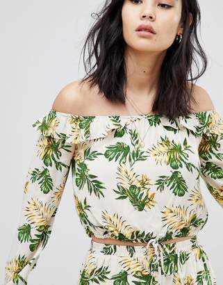 Honey Punch Long Sleeve Crop Top With Off Shoulder Ruffle Two-Piece-Multi