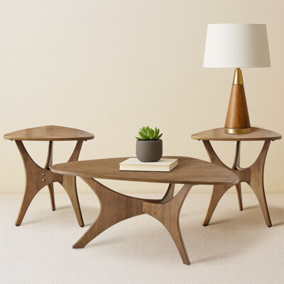 INK+IVY 3-Piece Mid Century Modern Living Room Wood Table Set With Triangular Tops & Sculptural Bases