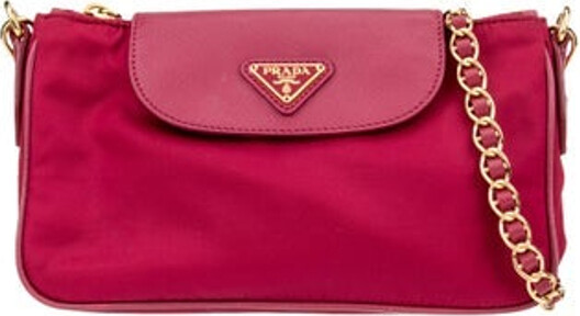 Prada Crossbody Bag Pink Tessuto Tessuto Nylon & Enameled Metal Triangle Gold-Tone Hardware Saffiano Leather Trim Single Shoulder Strap Chain-Link Accents & Single Exterior Pocket Logo Jacquard Lining & Single Interior Pocket Zip Closure at Top & Snap Closure at Front