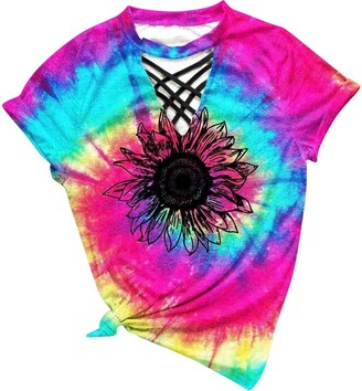Beetlenew Womens Blouses Women's T-Shirt Fashion Tie-dye Print Choker Tops Sexy Cutout V-Neck Casual Tee Shirts Summer Short Sleeve Color Block Blouse Cut Out Chest Gradient Top Tunic Keyhole Blouses (S