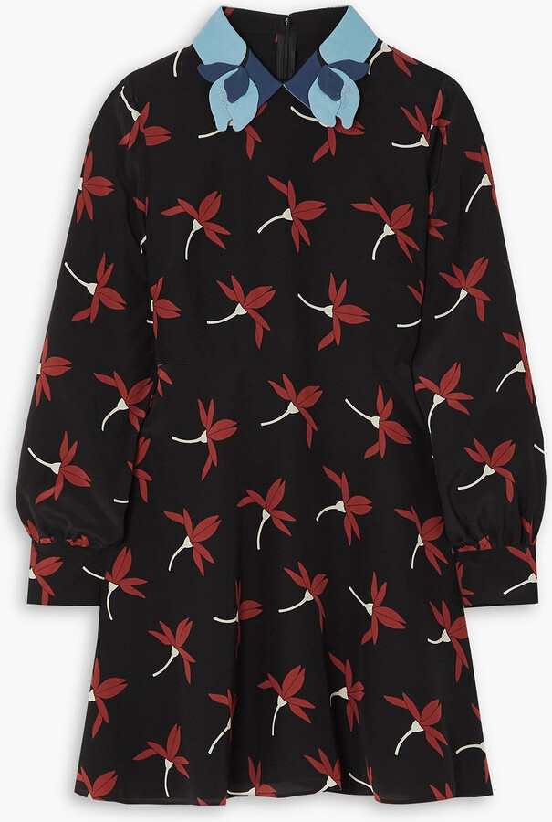 Valentino Garavani Appliquéd floral-print silk crepe de chine mini dress