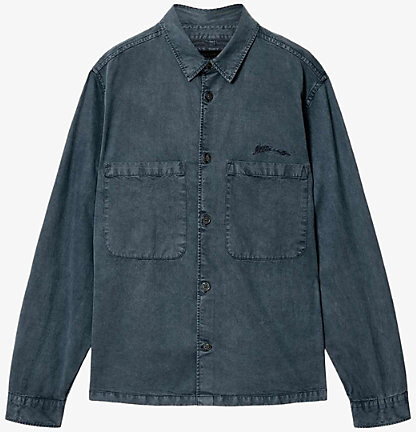 AllSaints Mens Dark Steel Blu Rohdi Logo-Embroidered Long-Sleeve Woven Overshirt Xl