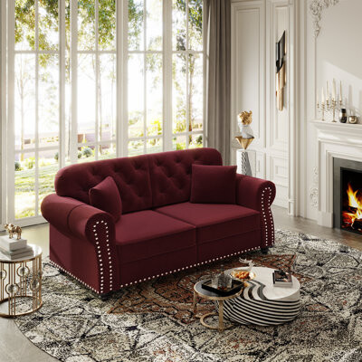 Everly Quinn Upholstered Velvet Sofa with Nailhead Trim and Rolled Armrests