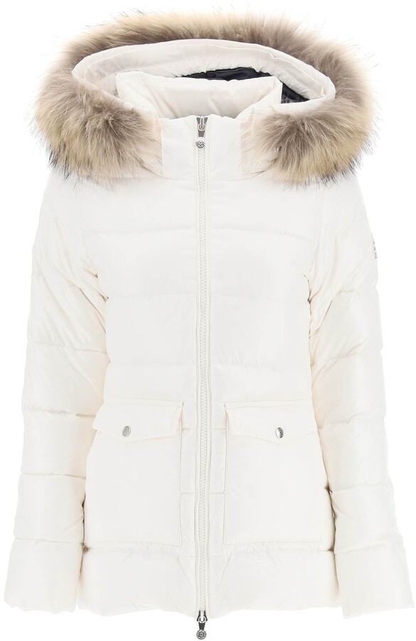 white bubble jacket with fur hood