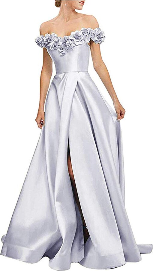 off shoulder silver gown