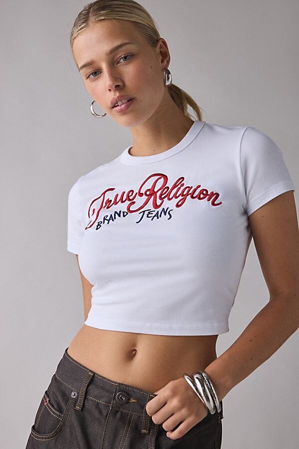 True Religion Embroidered Graphic Baby Tee in White