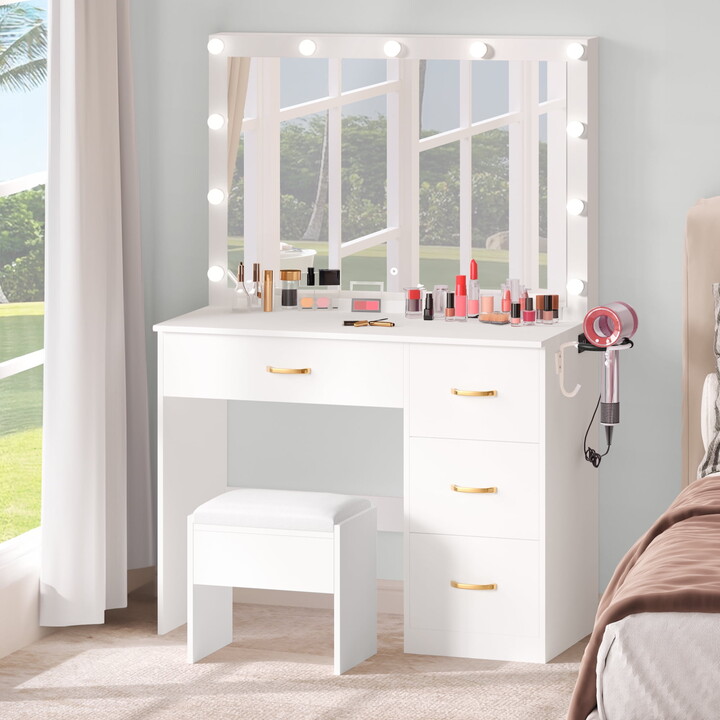 Uforic Makeup Vanity Ensemble,Generously Sized Illuminated Mirror, Vanity Featuring Electrical Outlet, 3 Versatile Lighting Modes, Customizable Brightness, and 4 Storage Drawers for Women Girls