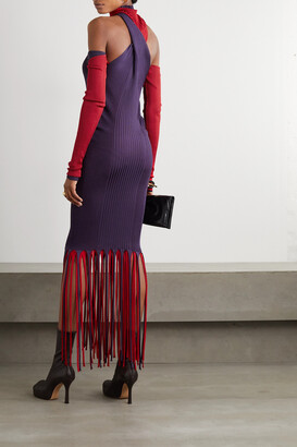 Bottega Veneta Cutout Fringed Ribbed Stretch-knit Dress - Purple