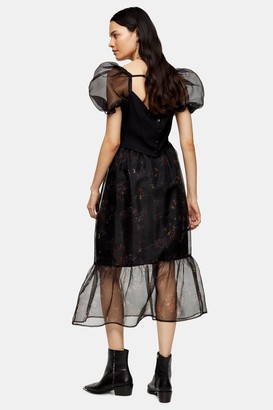 Topshop Black Floral Print Organza Midi Skirt