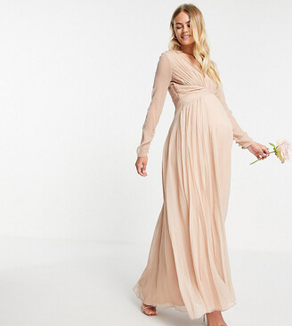 ASOS Maternity ASOS DESIGN Maternity Bridesmaid ruched waist maxi dress with long sleeves and pleat skirt in blush