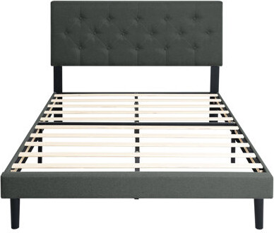 Upholstered Queen Platform Bed With Linen Headboard, No Box Spring Requirement, Easy Assembly, Grey Finish Frame Button Spring, Wood Slat Understructu