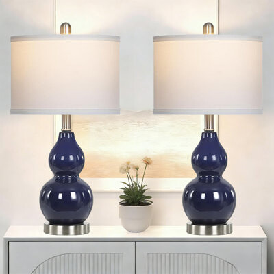 Jane Double Gourd Ceramic Table Lamps Set Of 2, Modern Bedside Lamps For Night Stand, Contemporary Nightstand Lamps For Bedroom Living Room (Bulb Included)