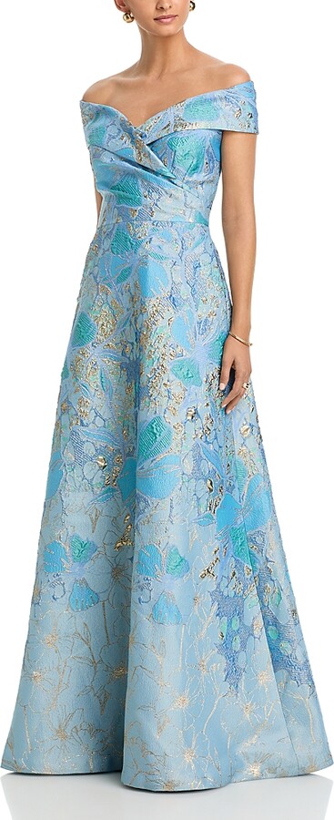 Teri Jon by Rickie Freeman Off-the-Shoulder Portrait Side Drape A Line Skirt Gown