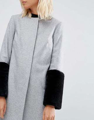 Helene Berman Faux Fur Cuff Coat In Gray With Black Fur