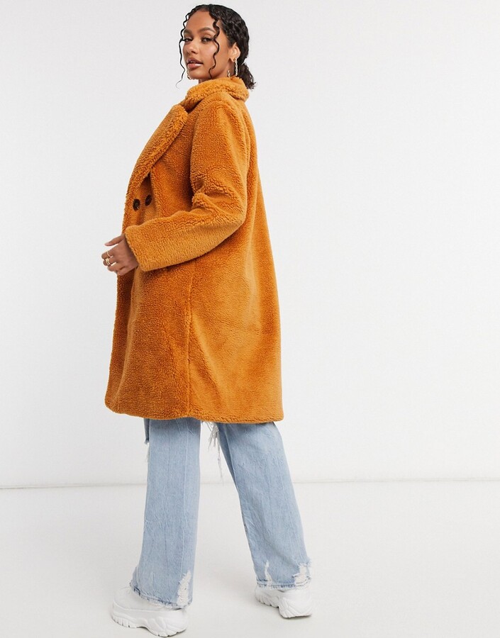 Qed london double breasted borg coat in tan Clearance