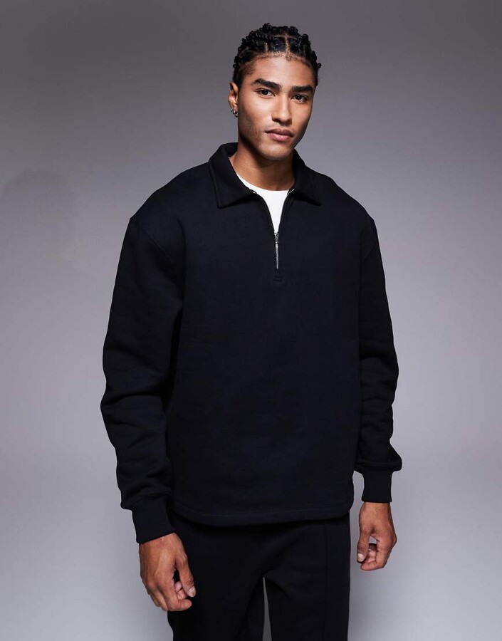 ASOS DESIGN premium heavyweight oversized collared quarter zip sweatshirt in black - part of a set