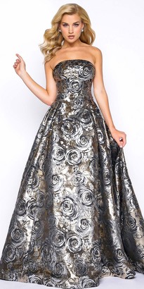 Mac Duggal Strapless Metallic Floral Embroidered Ball Gown