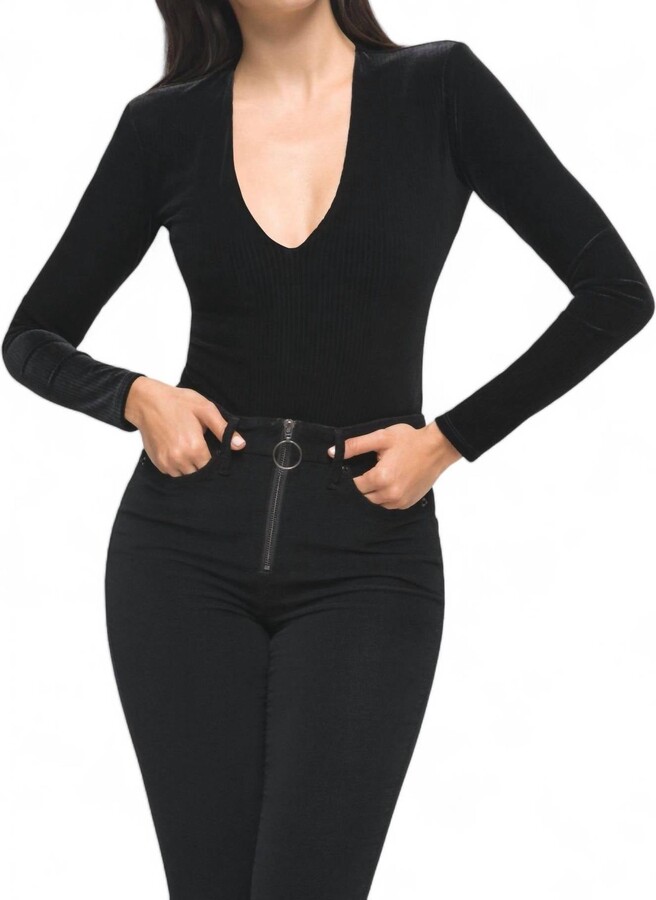 Velvet Long Sleeve Deep V Bodysuit In Black