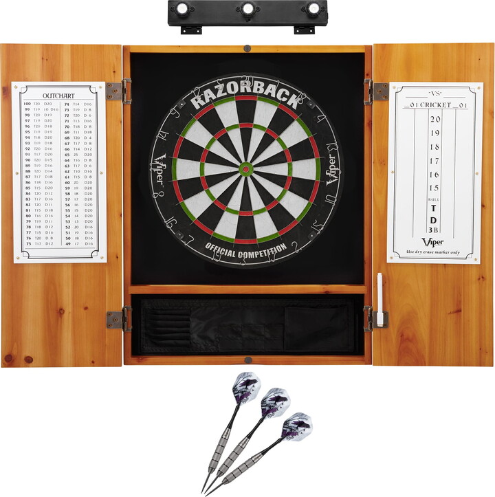 Viper Razorback Sisal Dartboard, Metropolitan Oak Cabinet, Underground The Raven Steel Tip Darts & Shadow Buster Dartboard Lights