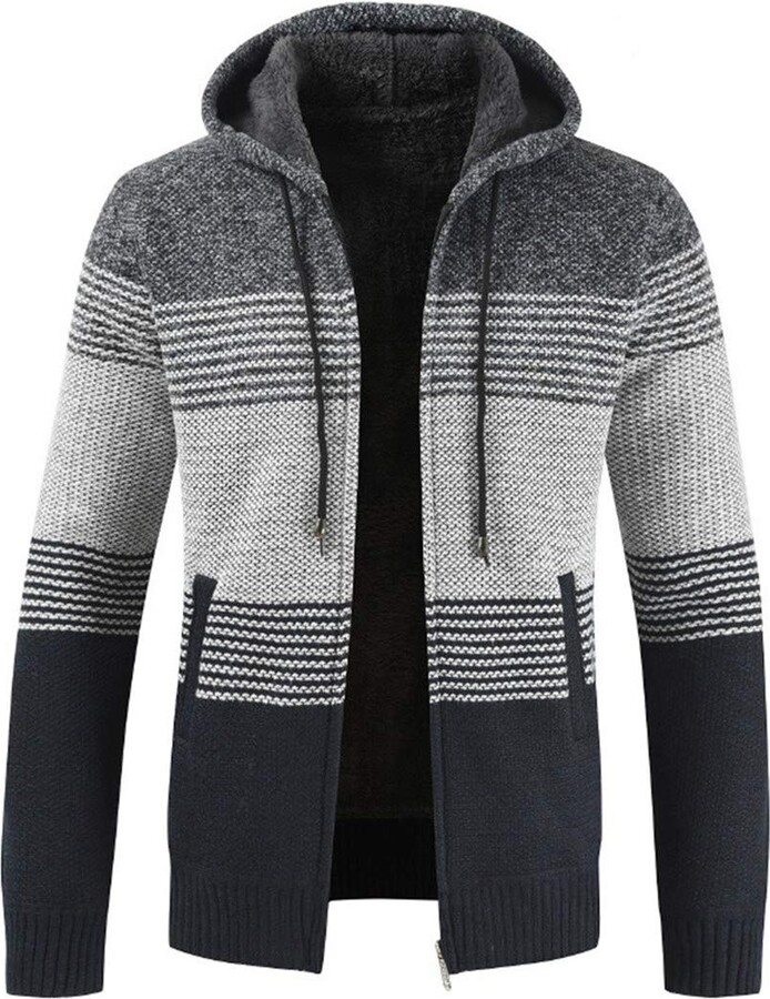 iHAZA Men Winter Sweater Knits Casual Patchwork Turn-Down Collar Hoodie Jacket Coat Outwear
