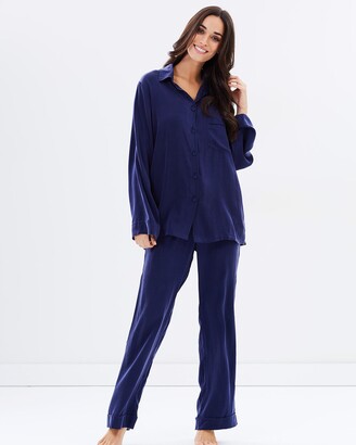 Papinelle Women's Navy Pyjamas - Audrey Silk Full Length PJ Set
