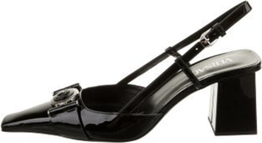 Versace Patent Leather Slingback Pumps Black Medusa Insignia Leather Trim Square-Toes Buckle Closure at Ankles Includes Box & Dust Bag