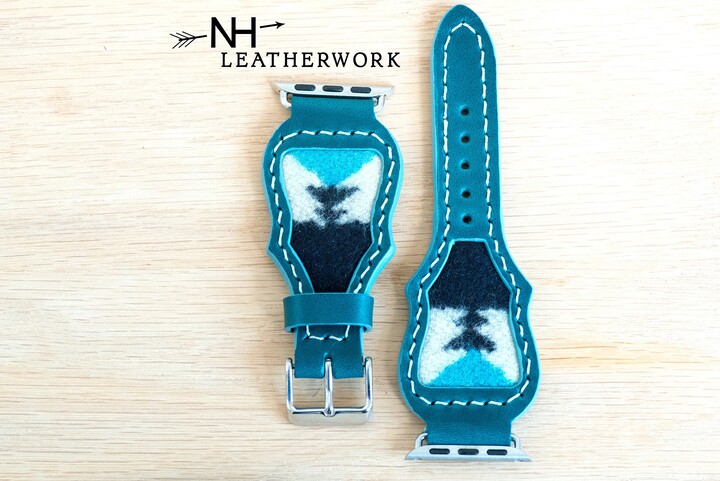 Leather Watch Band Strap Southwestern Wool Turquoise & Black Inlay For Apple 38/40/41mm 42/44/45/49mm Fitbit Versa 2, Samsung Galaxy
