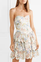 Thumbnail for your product : Zimmermann Bowie Ruffle Strapless Floral-print Broderie Anglaise Linen Mini Dress - Cream