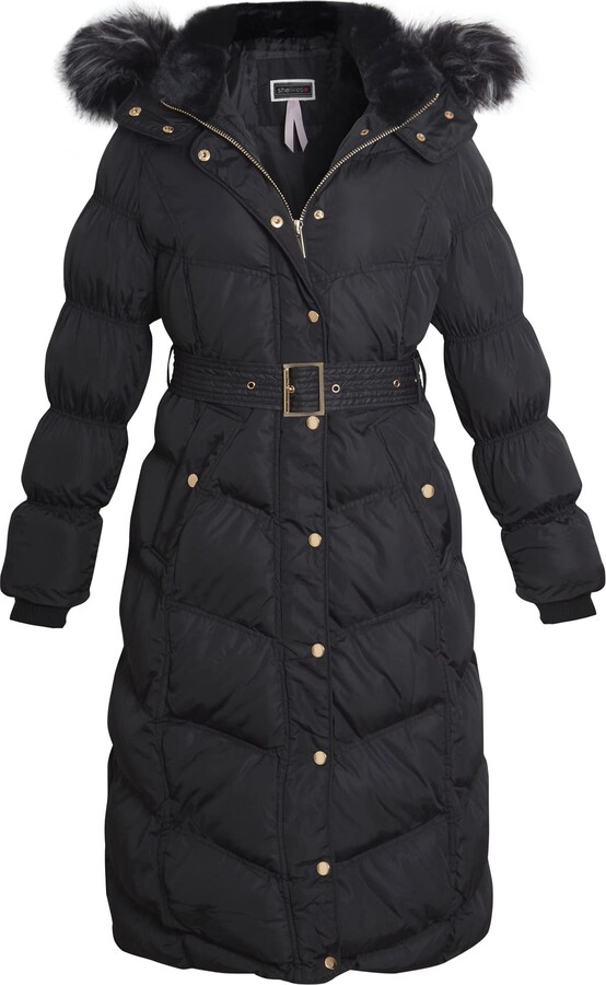 shelikes Womens Winter Coat Ladies Quilted Belted Faux Fur Hooded