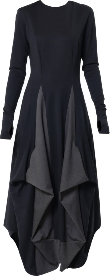 Metamorphoza Black Long Dress With Draping And Thumbhole Sleeves