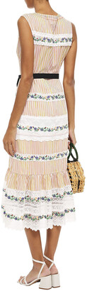 Saloni Lorna Embroidered Lace-paneled Striped Cotton-poplin Midi Dress