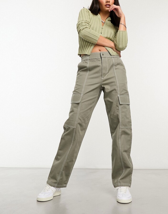 Bright Green Woven Contrast Seam Detail Cargo Pants