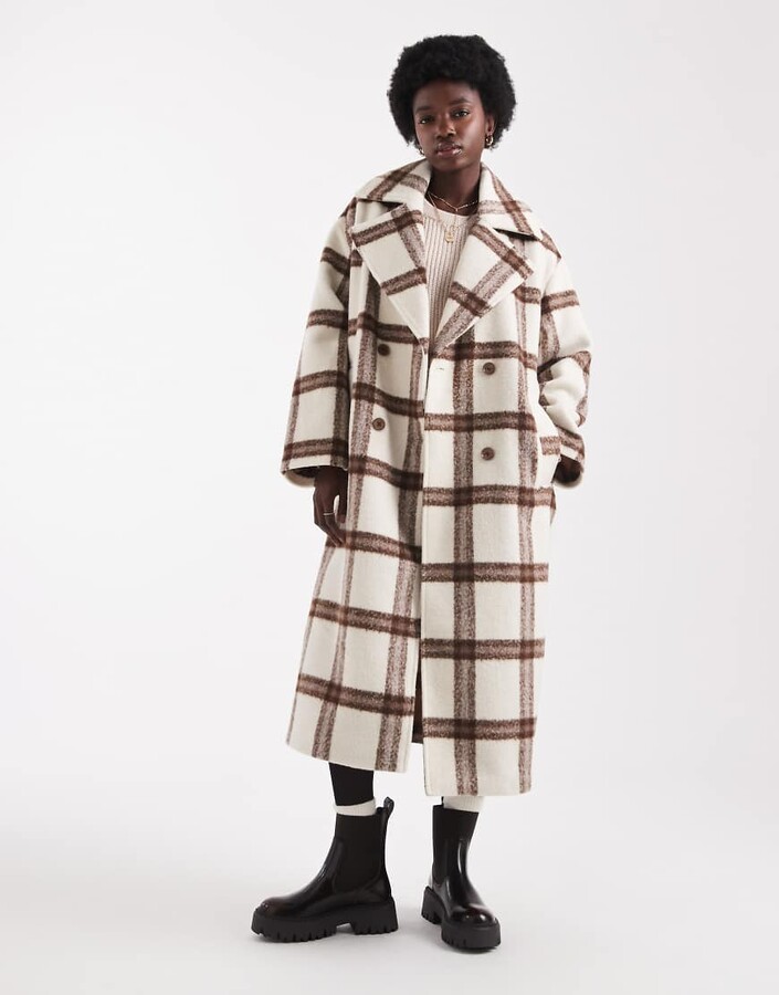 NATIVE YOUTH longline gingham overcoat in brown cream